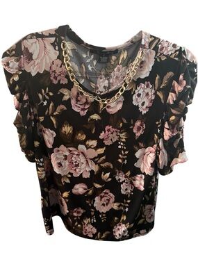 Floral Ruffle Sleeve Blouse with Gold Chain Accent - Black/Pink